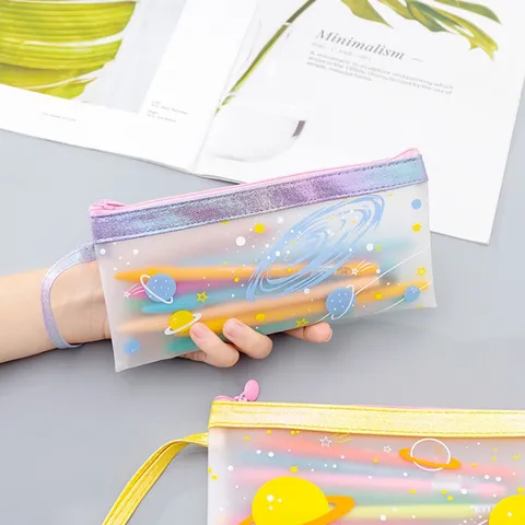 Cute Planet Printed Translucent TPU Pencil Case Portable Waterproof File Document Bag Storage Pouch Stationery Box For Students Kids School Supplies