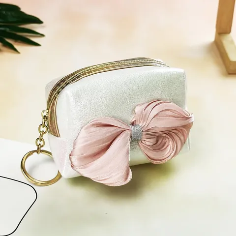 Ins Style Gradient Laser PU Leather Coin Purse With Satin Ribbon Bowtie Mini Lipstick Storage Pouch For Women Fashion Cute Wallet