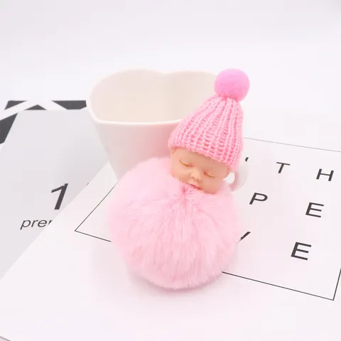 Niedliche Schlafende Puppe Pompon Schlüsselanhänger Plüschpuppe Flauschiges Kunstfell Taschenanhänger Damen Auto Schlüsselring Dekorative Accessoires