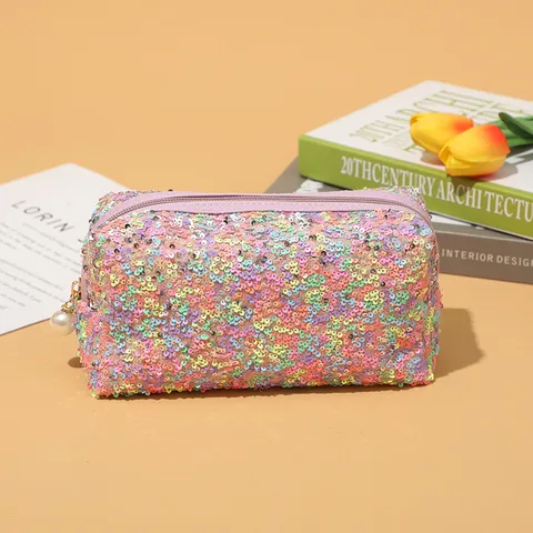 Fashion Sequin Makeup Bag Large Capacity Toiletry Organizer Pouch Portable Glitter Cosmetic Bag With Faux Pearl Zipper Pull For Women