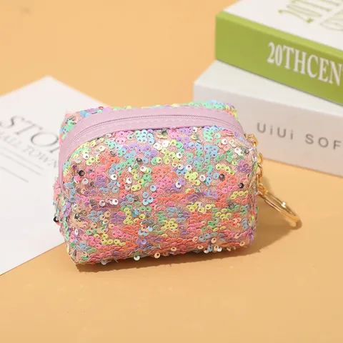 Mini Sequin Coin Purse Keychain Small Lipstick Storage Pouch For Kids Women Sweet Sequined Wallet Key Ring Bag