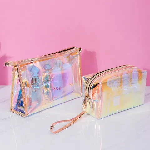 Holographic Laser Makeup Bag Waterproof TPU Transparent Travel Cosmetic Organizer Multipurpose Toiletry Wash Pouch For Women Girls