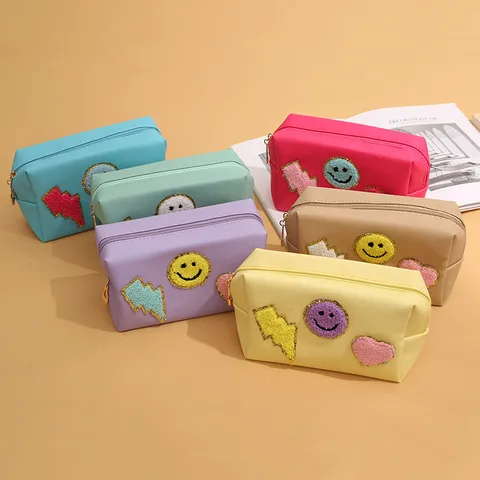 Waterproof PU Leather Toiletry Bag For Women Portable Travel Makeup Organizer Chenille Smile Face Heart Patch Embroidered Pouch