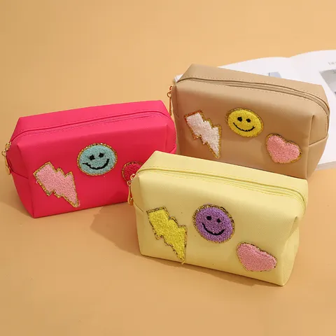 Waterproof PU Leather Toiletry Bag For Women Portable Travel Makeup Organizer Chenille Smile Face Heart Patch Embroidered Pouch