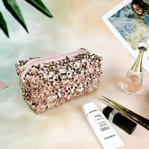 Women's Sequined Velvet Cosmetic Bag Large Capacity Portable Travel Toiletry Storage Pouch Case Organizer Vanity Kit Pouch