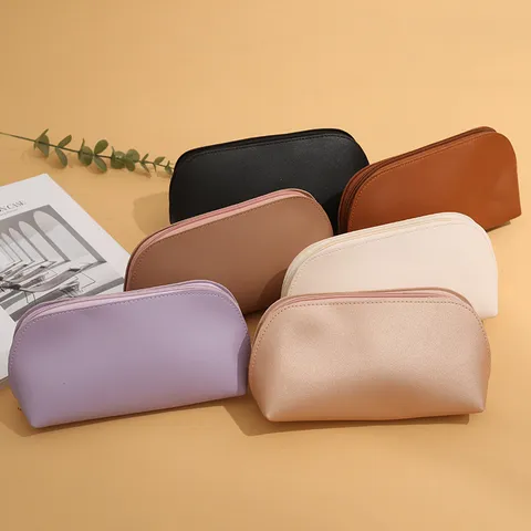 Portable PVC Leather Cosmetic Bag Large Capacity Solid Color Shell Shape Toiletry Organizer Waterproof Travel Storage Pouch