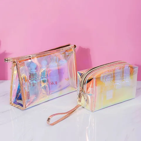 Iridescent Clear TPU Makeup Bag Laser Holographic Cosmetic Bag Waterproof Travel Toiletry Wash Bag Portable Zipper Pouch Organizer For Women