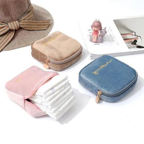 Large Capacity Velvet Sanitary Napkin Storage Bag Portable Menstrual Pad Pouch Solid Color Zipper Makeup Organizer Bag For Women