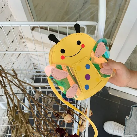 Cute Cartoon Bee Kids Crossbody Bag PU Leather Mini Animal Shoulder Bag With Holographic Wings Polka Dot Flap School Pack Accessories For Toddler Boys Girls