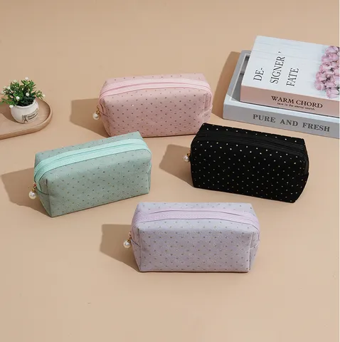 Corduroy Cosmetic Bag Gold Stamping Glitter Makeup Bag Large Capacity Portable Storage Bag With Pearl Zipper Pull For Women