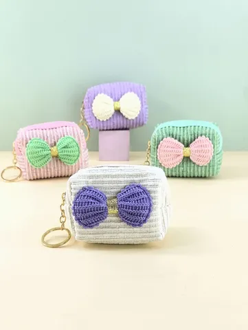 Women Mini Corduroy Bow Coin Purse Portable Lipstick Storage Bag With Keychain Cute Mini Pouch Key Organizer Wallet For Daily Use
