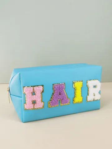 Waterproof Chenille Letter Patch Makeup Bag PU Leather Large Capacity Travel Toiletry Wash Bag Cosmetic Pouch For Women