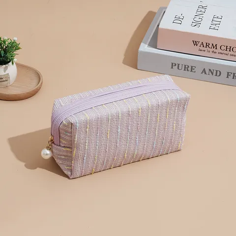 Tweed Style Large Capacity Portable Makeup Bag With Artificial Pearl Zipper Tweed Woven Cosmetic Bag For Travel Daily Storage Women