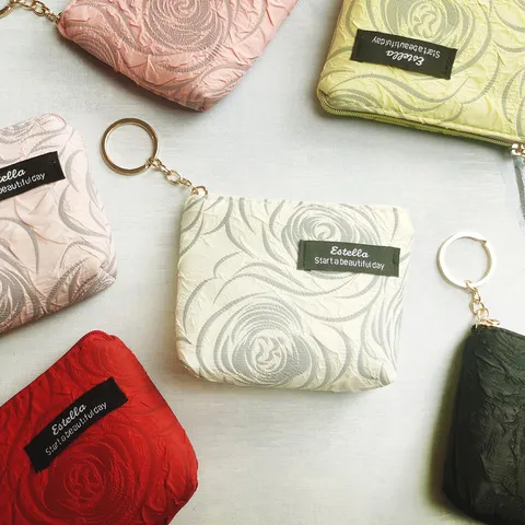 Women Mini Zipper Coin Purse Floral Pleated Card Key Holder Pouch Small Wallet Keychain
