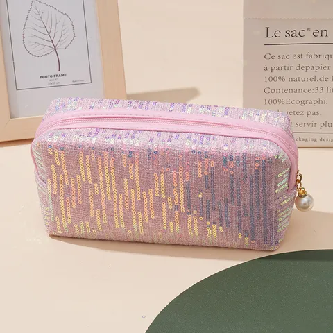 Große Kapazität Pailletten Kosmetiktasche Tragbare Ins Stil Make-up Beutel Mit Perlenanhänger Reise Aufbewahrungstasche Für Damen