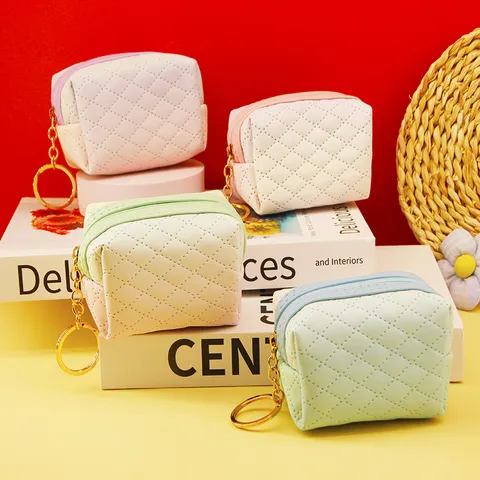 Gradient Quilted Octagonal Coin Purse Mini PU Leather Pouch With Keychain Cute Cartoon Color Contrast Storage Bag For Women Kids