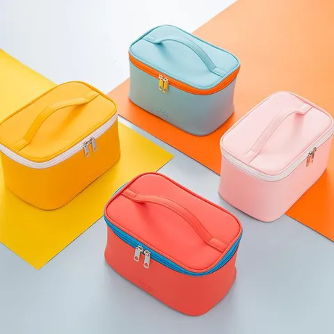 Neceser de Cuero PU Estilo Coreano Gran Capacidad Organizador Portatil de Articulos de Tocador Color Solido Estuche de Maquillaje de Viaje para Mujeres