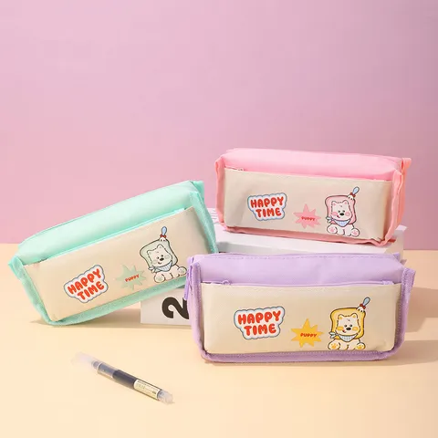 Japanese Cute Cartoon Puppy Large Capacity Pencil Case Zipper Macaron Stationery Storage Bag School Office Supplies