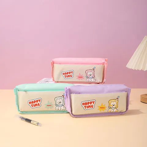 Japanese Cute Cartoon Puppy Large Capacity Pencil Case Zipper Macaron Stationery Storage Bag School Office Supplies