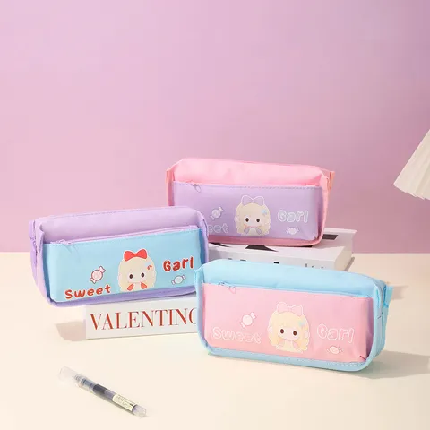 Cute Cartoon Girl Large Capacity Pencil Case Macaron Color Student Stationery Bag Multi-Layer Zipper Pen Pouch School Office Supplies