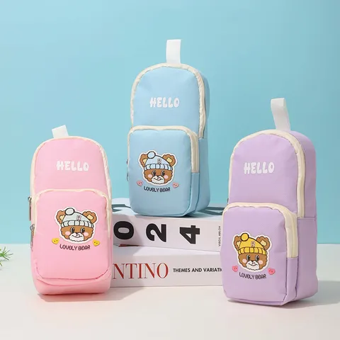 Cute Cartoon Bear Large Capacity Pencil Case Double Layer Zipper Oxford Cloth Student Stationery Storage Bag