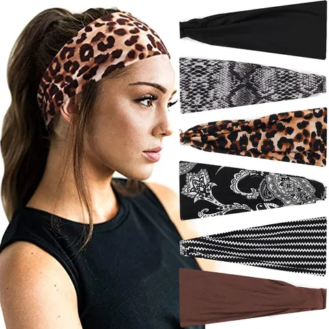 Bandeau de Yoga Large pour Femmes en Nylon avec Nœud Torsadé Bandeau de Sport Imprimé Léopard et Serpent pour Course et Fitness