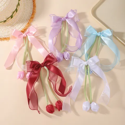 Handmade Tulip Bow Hair Clip Long Ribbon Chiffon Satin Organza Floral Hair Accessories For Kids Girls Senior Hairpin