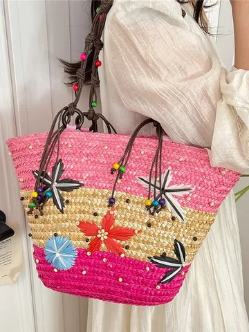 Women Fashion Straw Woven Tote Bag Large Capacity Handwoven Flower Contrast Color Shoulder Bag Summer Beach Vacation Basket Handbag