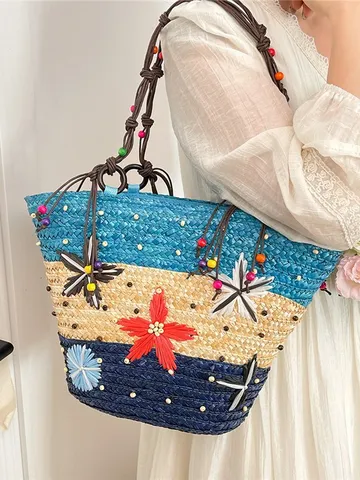 Women Fashion Straw Woven Tote Bag Large Capacity Handwoven Flower Contrast Color Shoulder Bag Summer Beach Vacation Basket Handbag