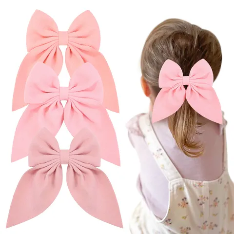 Nylon Satin Fabric Bow Hair Clips For Girls Sweet Large Ribbon Bow Barrette Pink Solid Color Hair Accessories For Children Kids
