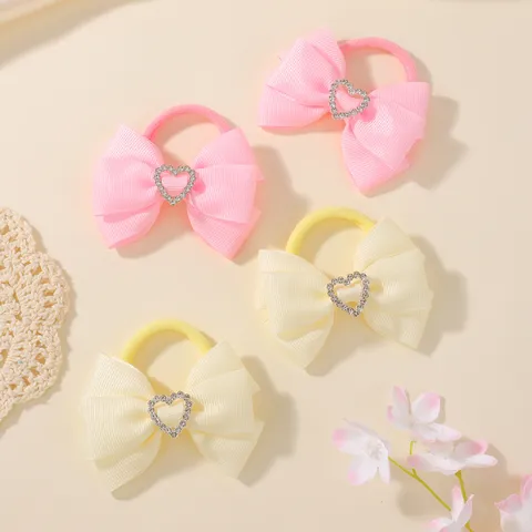 Meisjes Hart Strass Strik Haarelastiekjes Polyester Effen Kleur Elastische Haarklemmen Zoete Lint Paardenstaarthouder Kinderen Haaraccessoires
