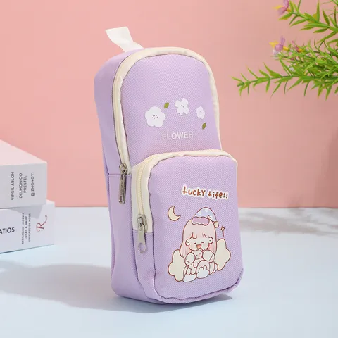 Estuche de Lona para Lápices de Doble Capa Gran Capacidad Color Macaron Lindo Dibujos Animados Estudiante Papelería Bolsa de Almacenamiento Bolsa Escolar