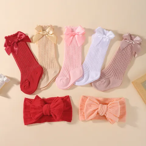 Baby Girls Bowknot Headband And Socks Set Nylon Mesh Hollow Socks Cute Infant Hair Accessories Bow Headwrap Socks Set