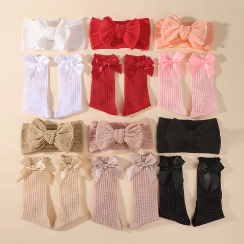 Baby Girls Bowknot Headband And Socks Set Nylon Mesh Hollow Socks Cute Infant Hair Accessories Bow Headwrap Socks Set