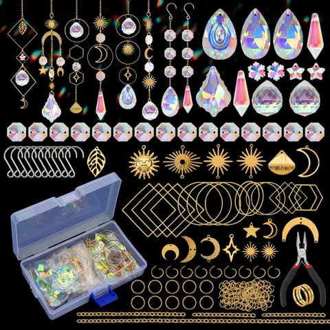 DIY Suncatcher Making Kit K9 Artificial Crystal Prisms Rainbow Maker Pendants Metal Charms Chain Pliers For Home Garden Decor