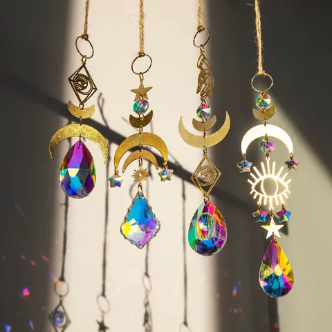 Bohemian Clear Crystal Evil Eye Suncatcher Rainbow Maker Hanging Ornament Window Decor Moon Sun Stars Prism Ball Pendant