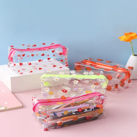 Transparent EVA Pencil Case Large Capacity Stationery Pouch Student Zipper Pen Bag Floral Heart Peach Office School