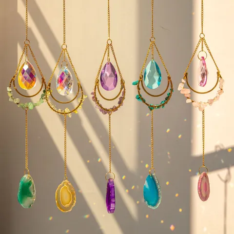 Acchiappasole in Cristallo di Agata Naturale Prisma Creatore di Arcobaleno Ciondolo Luna Decorazione per Finestra Giardino Boho Ornamento Pendente