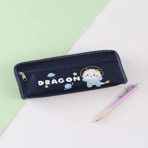 Canvas Pencil Case Large Capacity Double Layer Zipper Stationery Pouch Cartoon Dinosaur Pencil Box For Students School
