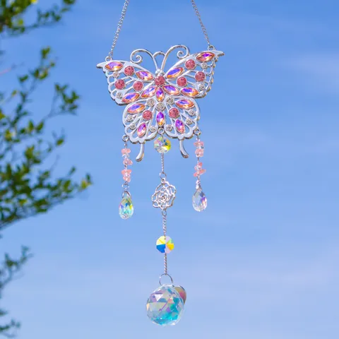 Butterfly Crystal Suncatcher Wind Chime Garden Window Hanging Ornament For Mother's Day Christmas Alloy Rhinestone K9 Glass Hanging Decor
