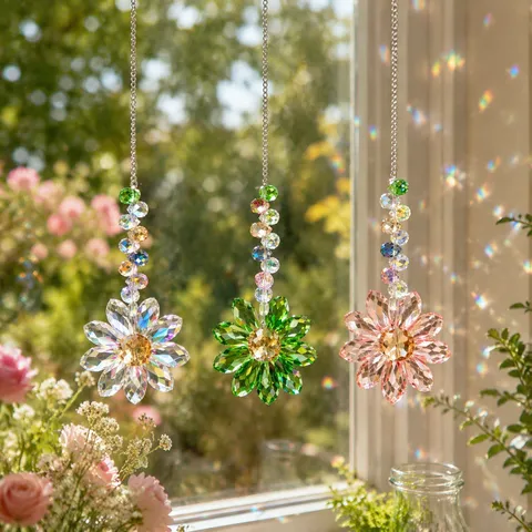Crystal Flower Suncatcher Rainbow Maker Window Decoration Pendant Indoor Garden Wind Chime Hanging Ornament Sun Catcher