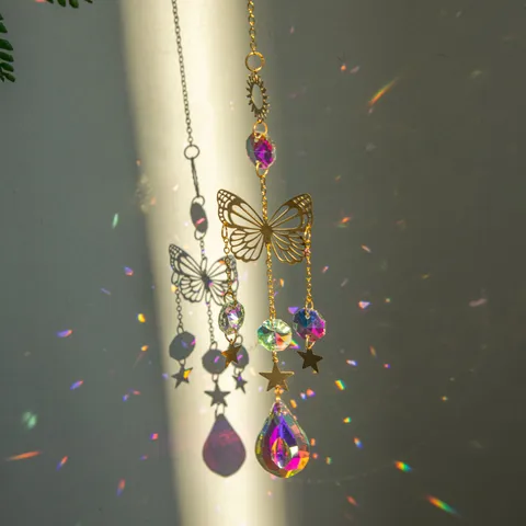 Butterfly Crystal Suncatcher Hanging Ornament Rainbow Window Decor With Gold Metal Chain Star Sun Pendant Home Garden Decoration