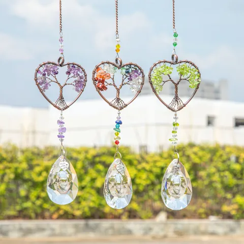 Σετ 3 Τεμαχίων Κρυστάλλινο Suncatcher Καρδιά Δέντρο της Ζωής Διακοσμητικό Παραθύρου Χειροποίητο με Σύρμα Διακόσμηση Κήπου
