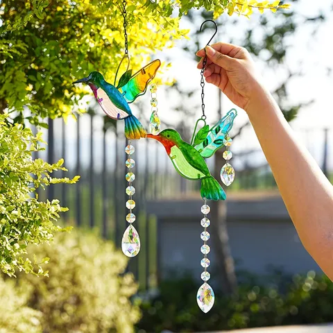Hummingbird Crystal Suncatcher Hanging Ornament Colorful Glass Metal Rainbow Maker Garden Patio Window Decor Suncatcher Pendants