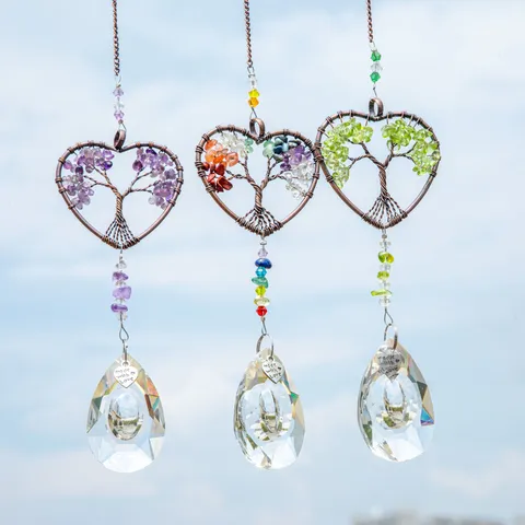 Σετ 3 Τεμαχίων Κρυστάλλινο Suncatcher Καρδιά Δέντρο της Ζωής Διακοσμητικό Παραθύρου Χειροποίητο με Σύρμα Διακόσμηση Κήπου
