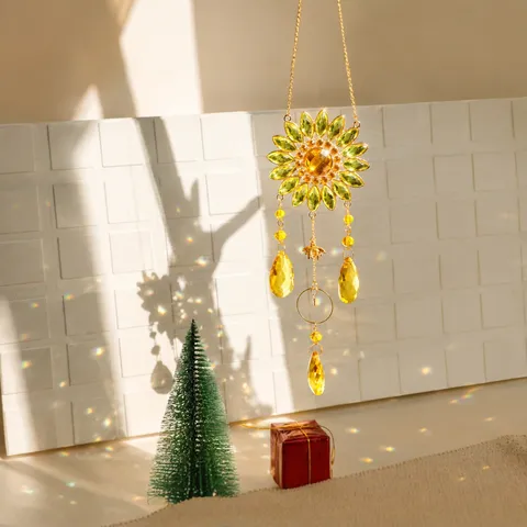 Crystal Sunflower Suncatcher Rainbow Maker Window Hanging Ornament Garden Decor Yellow Green Glass Flower Bee Pendant