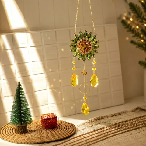 Crystal Sunflower Suncatcher Rainbow Maker Window Hanging Ornament Garden Decor Yellow Green Glass Flower Bee Pendant