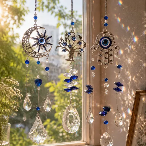 Cristallo Acchiappasole Malocchio Ornamento Appeso Luna Albero della Vita Mano di Fatima Decorazione Finestra Arcobaleno Boho Casa