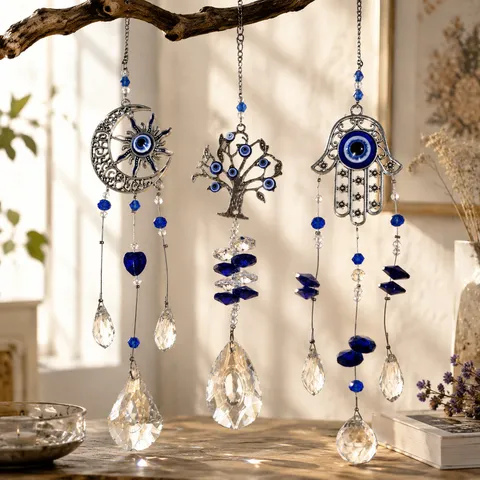 Cristallo Acchiappasole Malocchio Ornamento Appeso Luna Albero della Vita Mano di Fatima Decorazione Finestra Arcobaleno Boho Casa