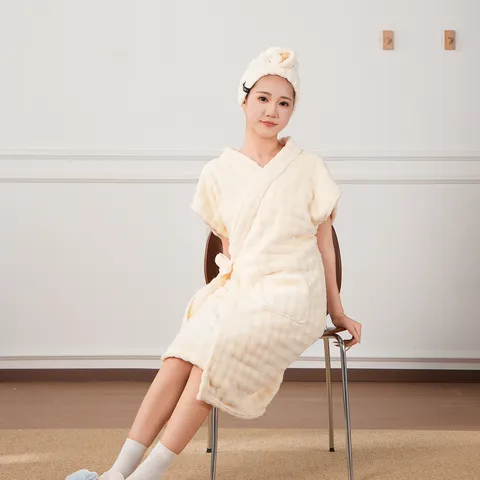 Women Coral Fleece Bathrobe Soft Absorbent Quick Drying Sleepwear V Neck Sleeveless Bath Dress With Pocket Home Wear